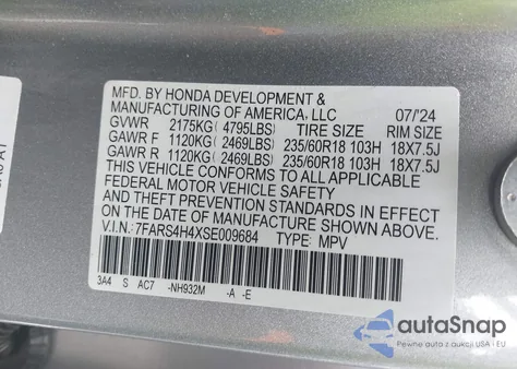 2025 Honda Cr-V Ex Awd из США, поврежденный, VIN 7FARS4H4XSE009684